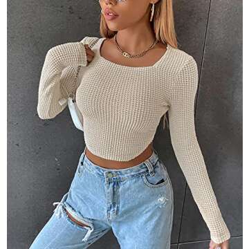 Meladyan Women Long Sleeve Knitted Solid Crop Top Square Neck Fitted Asymmetrical Hem Cropped Tee Shirts Apricot