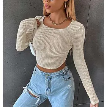 Meladyan Women Long Sleeve Knitted Crop Top - Apricot