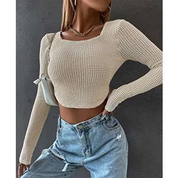 Meladyan Women Long Sleeve Knitted Crop Top - Apricot