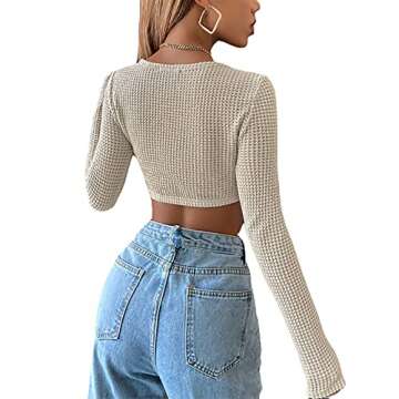 Meladyan Women Long Sleeve Knitted Solid Crop Top Square Neck Fitted Asymmetrical Hem Cropped Tee Shirts Apricot