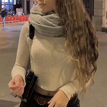 Meladyan Women Long Sleeve Knitted Solid Crop Top Square Neck Fitted Asymmetrical Hem Cropped Tee Shirts Apricot