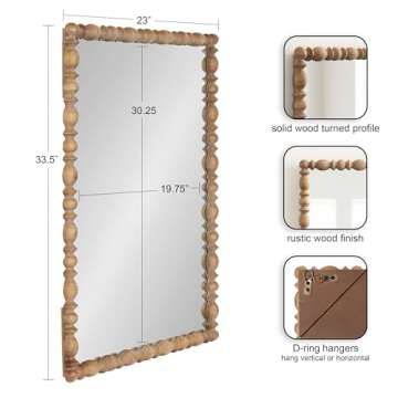 Kate and Laurel Prindle Turned Wood Beaded Rectangle Mirror, 23 x 34, Hazelnut, Vintage Coastal Rectangular Wall Mirror for Use as Fireplace Mantel Mirror Bathroom Mirror for Over Sink