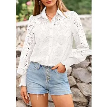 PRETTYGARDEN Women's Spring Button Down Shirts Dressy Casual Fall Long Puff Sleeve Eyelet Loose Fit Collared Blouse Top (White,Small)