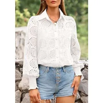 PRETTYGARDEN Women's Spring Button Down Shirts Dressy Casual Fall Long Puff Sleeve Eyelet Loose Fit Collared Blouse Top (White,Small)
