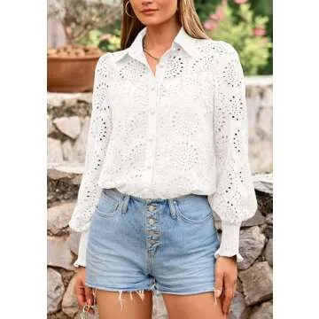 PRETTYGARDEN Women's Spring Button Down Shirts Dressy Casual Fall Long Puff Sleeve Eyelet Loose Fit Collared Blouse Top (White,Small)