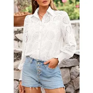 PRETTYGARDEN Women's Spring Button Down Shirts Dressy Casual Fall Long Puff Sleeve Eyelet Loose Fit Collared Blouse Top (White,Small)