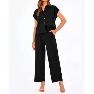 PRETTYGARDEN Women's Summer 2 Piece Outfits Casual Tracksuit Short Sleeve Button Down Shirts Long Pant Lounge Sets 2024(Solid Black,Medium)