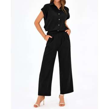 PRETTYGARDEN Women's Summer 2 Piece Outfits Casual Tracksuit Short Sleeve Button Down Shirts Long Pant Lounge Sets 2024(Solid Black,Medium)