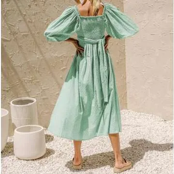 R.Vivimos Women's Summer Boho Cotton Puff Sleeve Dress Swiss Dots Lace Up Smocked Casual A-Line Flowy Midi Dress (Small, Green)