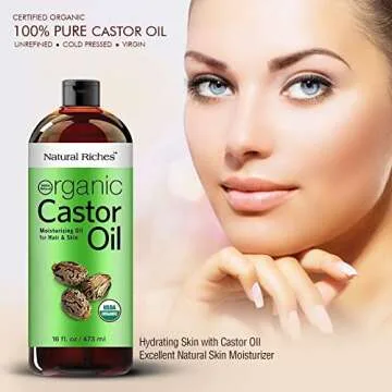 Natural Riches Organic Castor Oil - Cold Pressed, USDA Certified for Hair Growth, Thicker Eyelashes, Eyebrows - Moisturizes Dry Skin and Hair, Helps with Dandruff - Hexane-Free, 16 fl. oz.