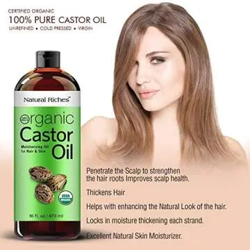 Natural Riches Organic Castor Oil - Cold Pressed, USDA Certified for Hair Growth, Thicker Eyelashes, Eyebrows - Moisturizes Dry Skin and Hair, Helps with Dandruff - Hexane-Free, 16 fl. oz.