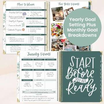 bloom daily planners 2025 Hardcover Calendar Year Goal & Vision Planner (January 2025 - December 2025) - Monthly/Weekly Column View Agenda Organizer - 7.5" x 9" - Eucalyptus, White