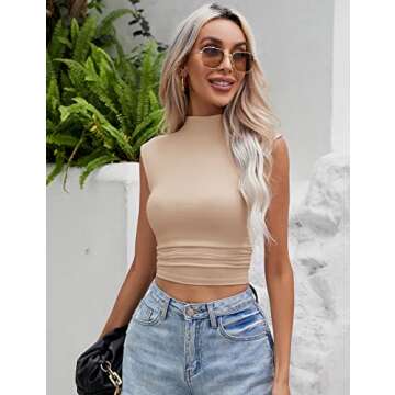IECCP Women's Sleeveless Shirt Mock Neck Side Ruched Blouse Daily Summer Top Apricot Small