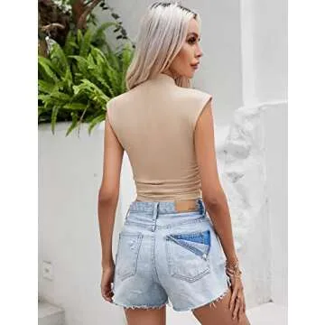 IECCP Women's Sleeveless Shirt Mock Neck Side Ruched Blouse Daily Summer Top Apricot Small