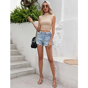 IECCP Women's Sleeveless Shirt Mock Neck Side Ruched Blouse Daily Summer Top Apricot Small