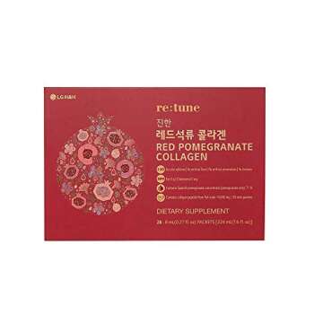 LG H&H re:tune Red Pomegranate Collagen I Liquid Collagen Supplement, Pomegranate Concentrate, Fish Scale Collagen Peptide 500 mg, Red Ginseng Concentrate, Hyaluronic Acid Vitamin C, 28 Packets