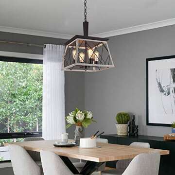 Q&S Farmhouse Vintage Chandelier, Rustic Pendant Light,Industrial Hanging Light Fixture for Dining Room Kitchen Island,Wrought Iron,ORB+Oak White 4 Lights E26 UL Listed