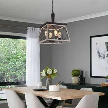 Q&S Farmhouse Vintage Chandelier, Rustic Pendant Light,Industrial Hanging Light Fixture for Dining Room Kitchen Island,Wrought Iron,ORB+Oak White 4 Lights E26 UL Listed