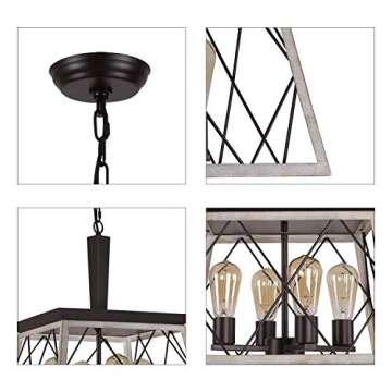 Q&S Farmhouse Vintage Chandelier, Rustic Pendant Light,Industrial Hanging Light Fixture for Dining Room Kitchen Island,Wrought Iron,ORB+Oak White 4 Lights E26 UL Listed