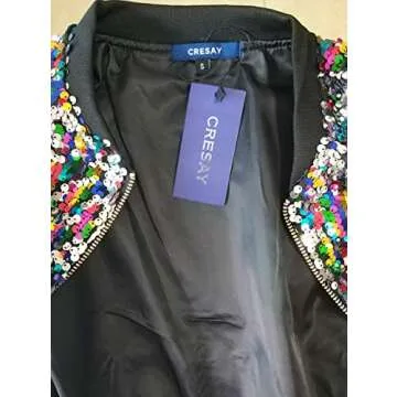 Cresay Women's Sequin Fitted Long Sleeve Zipper Blazer Bomber Jacket-Rainbow XXL