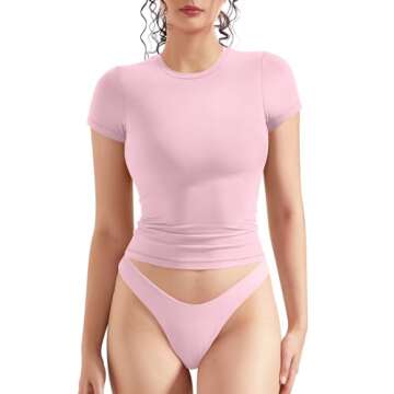 OMKAGI Double Lined Slim Fit T Shirts for Women Short Sleeve Crew Neck Crop Top(S,74-Baby Powder)