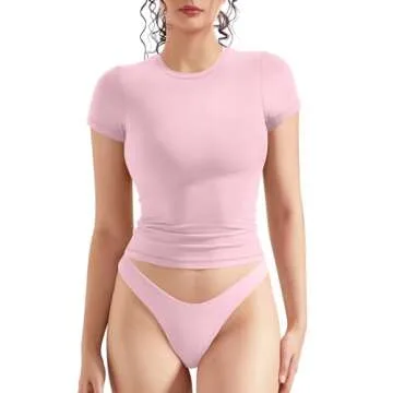 OMKAGI Double Lined Slim Fit T Shirts for Women Short Sleeve Crew Neck Crop Top(S,74-Baby Powder)