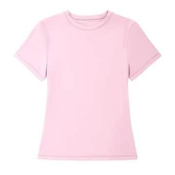 OMKAGI Double Lined Slim Fit T Shirts for Women Short Sleeve Crew Neck Crop Top(S,74-Baby Powder)