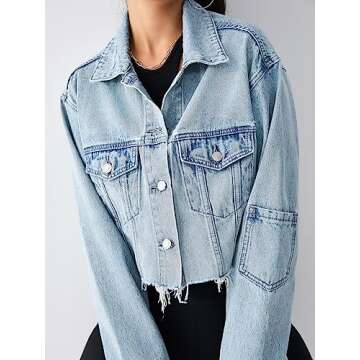 EG CHRIS G Women's Cropped Jean Jacket Button Up Long Sleeve Loose Oversized Denim Jackets Coat (L,Light Blue)…