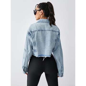 EG CHRIS G Women's Cropped Jean Jacket Button Up Long Sleeve Loose Oversized Denim Jackets Coat (L,Light Blue)…