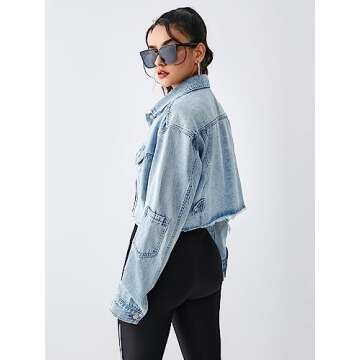 EG CHRIS G Women's Cropped Jean Jacket Button Up Long Sleeve Loose Oversized Denim Jackets Coat (L,Light Blue)…