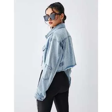 EG CHRIS G Women's Cropped Jean Jacket Button Up Long Sleeve Loose Oversized Denim Jackets Coat (L,Light Blue)…
