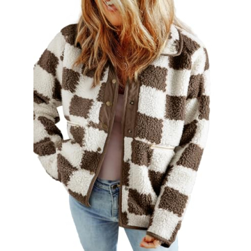 SHEWIN Women's Plaid Fleece Jacket - Cozy Fall & Winter Oversized Sherpa Coat