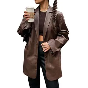pengnight Women Faux Leather Jacket Long Sleeve Plus Size Top Blazers Button Lapel Outwears Coat (Brown, S)