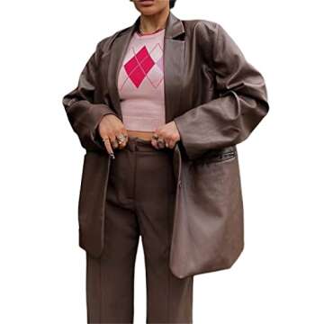 pengnight Women Faux Leather Jacket Long Sleeve Plus Size Top Blazers Button Lapel Outwears Coat (Brown, S)