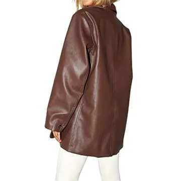 pengnight Women Faux Leather Jacket Long Sleeve Plus Size Top Blazers Button Lapel Outwears Coat (Brown, S)