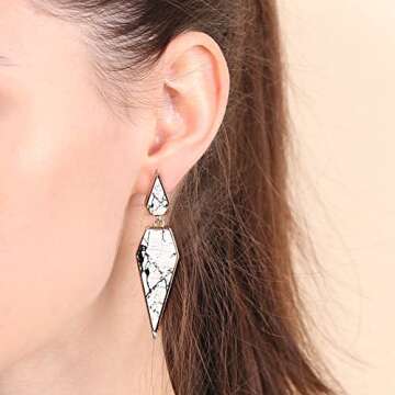 Bohemian Wood And Marble Effect Pentagon Shaped Drop Statement Earrings