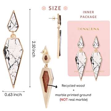 Bohemian Wood And Marble Effect Pentagon Shaped Drop Statement Earrings