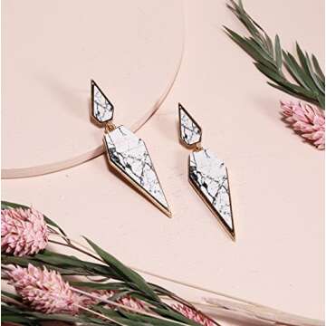 Bohemian Wood And Marble Effect Pentagon Shaped Drop Statement Earrings