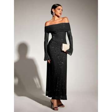 KUTUMAI Women Off Shoulder Bodycon Maxi Dress Long Sleeve Mesh Ruched Party Formal Wedding Guest Dre...