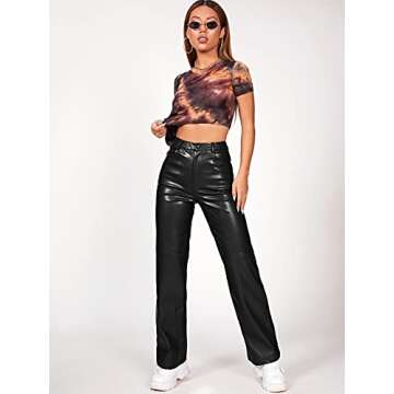 MakeMeChic Women's Faux Leather Pants Straight Wide Leg Leather Pants Black Petite XS