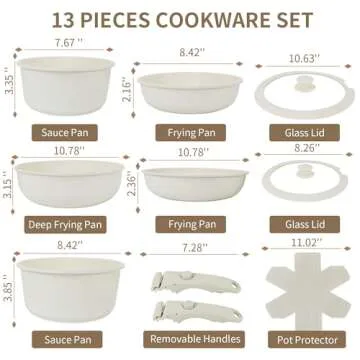 YASHE 13-Piece Pots and Pans Set, Nonstick Granite Cookware Set, Detachable Handle Pots and Pans, PF...