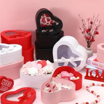 Resurhang 12 Pcs Mother's Day Heart Shaped Boxes for Flower Bridesmaid Proposal Floral Gift Box with Transparent Window Lids Flower Box Gift for Mom Wedding Birthday, 3 Sizes(Black, White, Red, Pink)