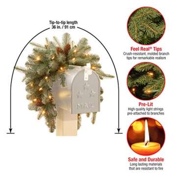 National Tree Company 'Feel Real' Pre-lit Artificial Christmas Mail Box Swag | battery-operated White LED Lights | Frosted Artic Spruce - 36 Inch