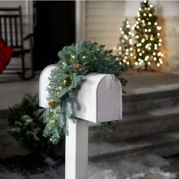 National Tree Company 'Feel Real' Pre-lit Artificial Christmas Mail Box Swag | battery-operated White LED Lights | Frosted Artic Spruce - 36 Inch