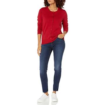 Amazon Essentials Women's Lightweight Crewneck Cardigan Sweater (Available in Plus Size), Red, Small