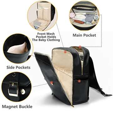 miss fong Leather Diaper Bag Backpack Diaper Bag Purse, Baby Diaper Bag for mom dad with 12 Diaper Bag Organizers, Changing Pad and 4 Insulated Pockets, Faux Leather Diaper Bag Backpack(Black)