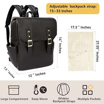 miss fong Leather Diaper Bag Backpack Diaper Bag Purse, Baby Diaper Bag for mom dad with 12 Diaper Bag Organizers, Changing Pad and 4 Insulated Pockets, Faux Leather Diaper Bag Backpack(Black)