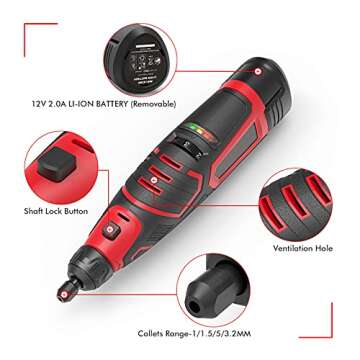 Rotary Tool 12V Cordless Multi Tool with 6 Variable Speed 5000-25000RPM 2.0Ah Battery Electric Grinder 74 Accessories for Cutting Sanding Carving Drilling Engraving Cleaning Sharpening DIY Projects