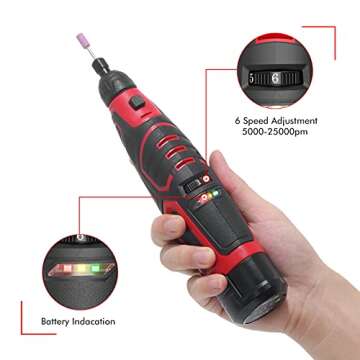 Rotary Tool 12V Cordless Multi Tool with 6 Variable Speed 5000-25000RPM 2.0Ah Battery Electric Grinder 74 Accessories for Cutting Sanding Carving Drilling Engraving Cleaning Sharpening DIY Projects