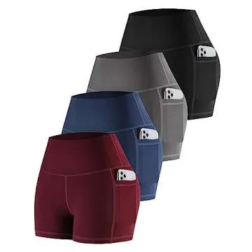 CHRLEISURE Womens Biker Shorts with Pockets: High Waisted Tummy Control Spandex Workout Yoga Athletic Gym Shorts 4 Packs(3'' Black,Gray,Navy,Burgundy, M)